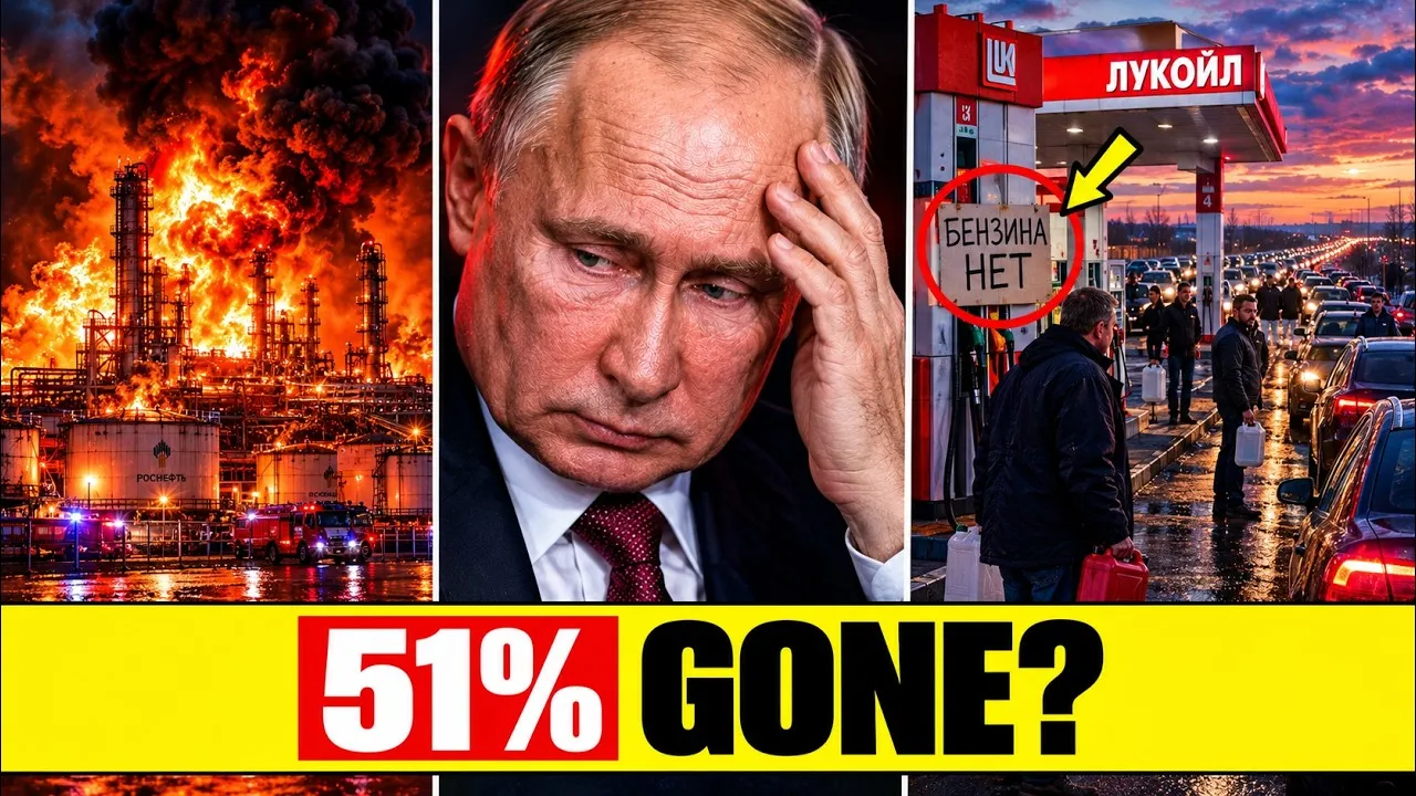 Thumbnail of our video: Russia's fuel crisis, 27 of 32 refineries hit, Ukraine says 51% offline.